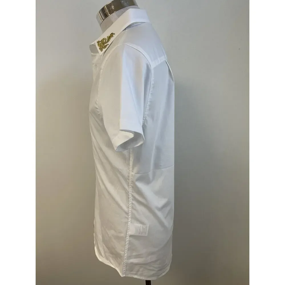 Siksilk Shirt Mens Small Button Up White Short Sleeve Sik Silk Embroidered N40